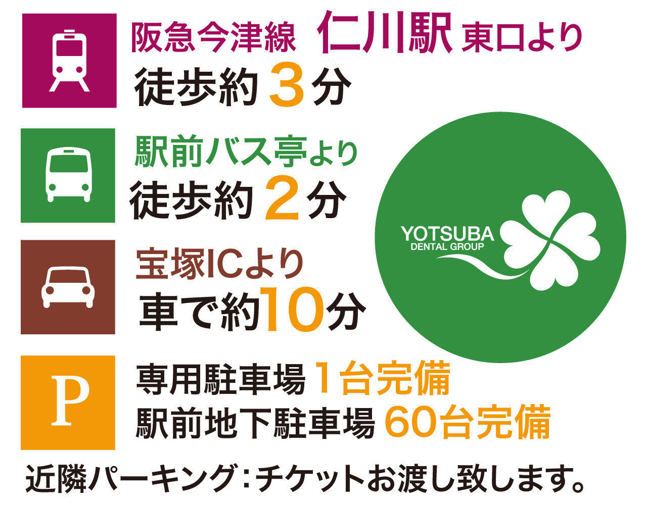 阪急仁川駅東口、駅前バス停、宝塚インターチェンジよりすぐ。専用駐車場、駅前地下駐車場完備。